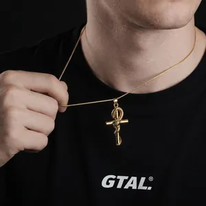 Stainless Steel Mamba Snake Wrapped Ankh Cross Pendant Necklace For Men Women Gothic Hip Hop Rhinestone Animal Jewelry Chain