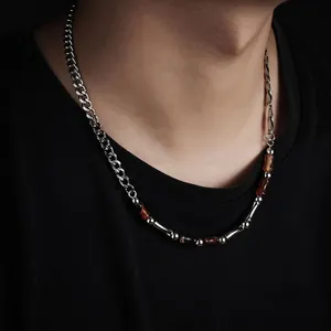 Vintage Stainless Steel Bamboo Joint Agate Stitching Necklace Hip Hop Cuban Chain For Men Women Niche Design Fashion Jewelry