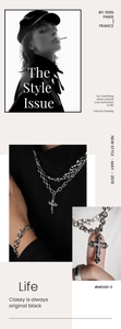 Dettaglio di collane a croce sovrapposte e bracciale punk con rivetti in argento vintage
