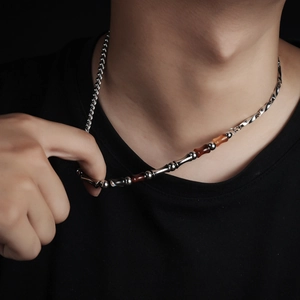 Bamboo agate patchwork chain necklace with industrial metal links for men and women
