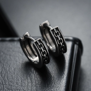 Pair of punk style chain-link hoop earrings in polished stainless steel for men and women