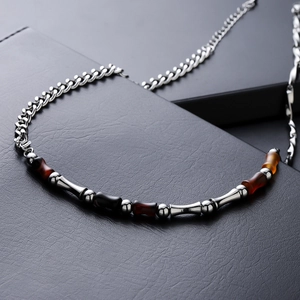 Bamboo agate splicing chain necklace for men and women with silver cuban links