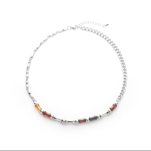 Bamboo agate splicing chain necklace with rainbow beads and silver metallic links