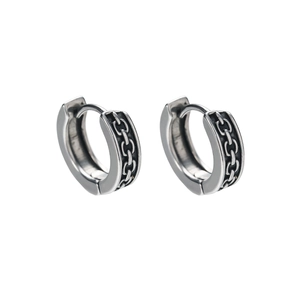 Retro stainless steel hoop earrings with black chain pattern in vintage silver finish