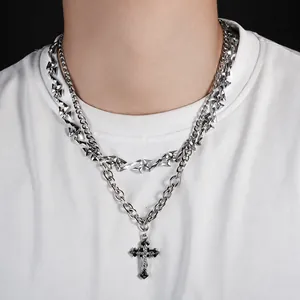 Hip Hop Edelstahl Lagen Halskette Und Armband Für Herren Damen Unisex Kreuz Anhänger Strass Poliert Schmuck Zubehör
