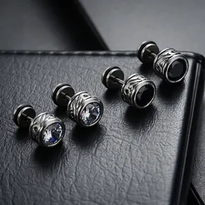 Retro Round Zirconia Stud Earrings For Men Women Vintage Engraved Copper Punk Hip Hop Electroplated Inlaid Ear Jewelry