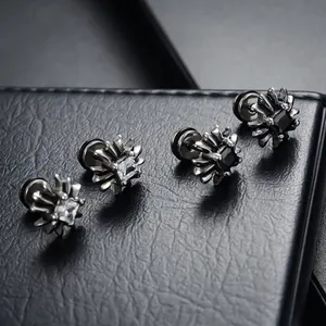 Punk Gothic Cross Zirconia Stud Earrings For Men Women Titanium Steel Starburst Geometric White Black Zircon Hip Hop Jewelry
