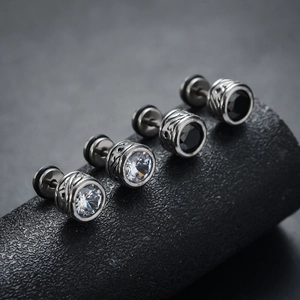 Unisex stainless steel screw back stud earrings set with zircon and vintage engraved base