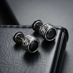 Polished silver screw stud earrings with black zircon and vintage engraved patterns