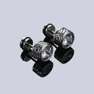 Retro silver stud earrings with engraved patterns and large round cubic zirconia stones