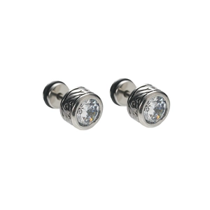 Men's silver cubic zirconia stud earrings with vintage engraved cylinder screw back style