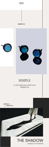 Detail of minimalist round cat-eye stone stud earring with black metal frame on chic poster