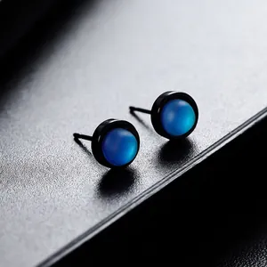 Minimalist Silver Plated Cat's Eye Stone Stud Earrings Blue Round Geometric Unisex Jewelry For Men Women Daily Accessory