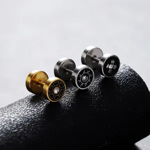 Vintage Titanium Steel Round Disk Stud Earrings For Men Women Rhinestone Inlaid Black Enamel Cross Sun Pattern Piercing Jewelry