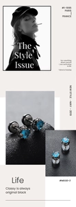 Detailed view of crown-shaped black stud earrings with round brilliant blue zircon stones