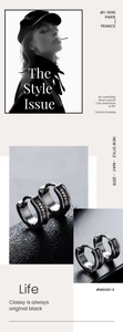 Retro silver hoop earrings with black woven texture inlay on a fashion magazine layout