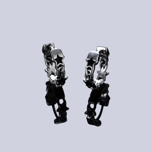 Boucles d'oreilles créoles étoile vintage unisexes en acier titane noir avec reflet miroir