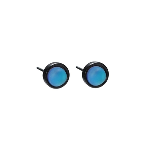 Minimalist round cat eye stud earrings with blue frosted finish and black metallic frames