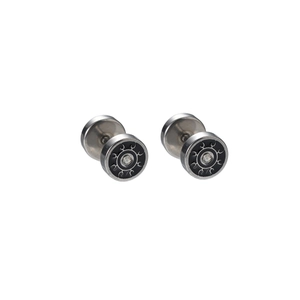 Silver round stud earrings with black sunburst disc and center cubic zirconia stone