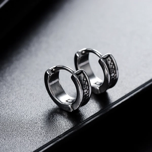 Vintage oxidized stainless steel hoop earrings with textured braided pattern for men