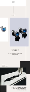 Macro shot of silver crescent moon stud earrings featuring deep blue center cubic zirconia