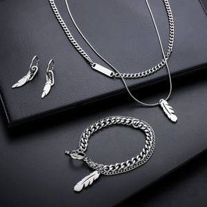 Double-layer feather jewelry set including necklaces, bracelets, and earrings in shiny silver