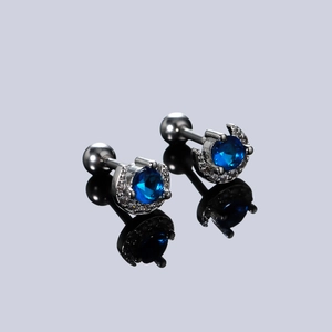 Blue zircon moon earrings in stainless steel with screw back for men and women