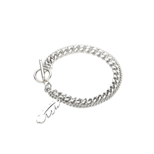 Silver double-layer feather pendant bracelet with Cuban chain and OT toggle clasp