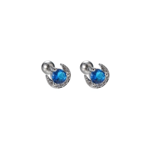 Blue crescent moon zircon stud earrings with silver metal screw-back ball design