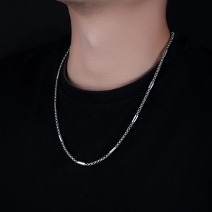 Men's titanium steel cylinder pearl chain necklace with silver industrial minimalist style