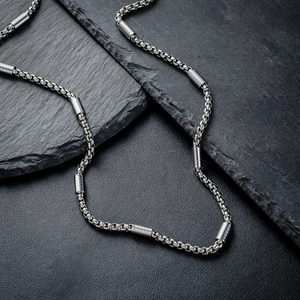 Silver titanium steel box chain necklace with textured cylindrical metal accents for men