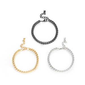 Three-piece stainless steel curb chain bracelet set in black, gold, and silver finishes