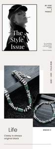 Détail du collier en acier inoxydable avec perles vertes rayées et fermoir mousqueton