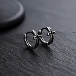Boucle d'Oreille Créole Croix en Acier Inoxydable pour Hommes Femmes Émail Noir Incrusté Huggie Punk Gothique Style Froid Bijoux Unisexe Cadeau