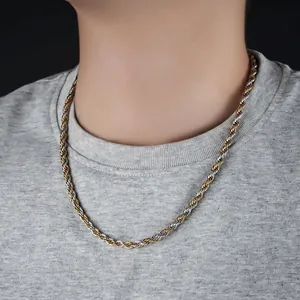 Collier Chaîne de Corde en Acier Titane Hip Hop pour Hommes Femmes Bicolore Or Argent Chaîne Torsadée Bijoux de Mode