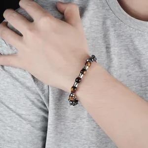 Vintage Stainless Steel Tiger Eye Bamboo Joint Bracelet For Men Women Adjustable Beaded Hand Chain High-end Fashion Jewelry