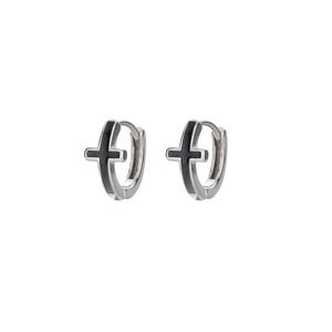Boucles d'oreilles croix en acier inoxydable poli pour hommes et femmes avec émail noir