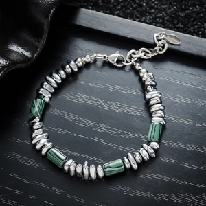 Bracelet unisexe en perles de turquoise et acier inoxydable avec fermoir mousqueton