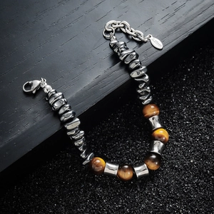 Men's tiger eye stone bamboo-style stainless steel bracelet with adjustable lobster clasp