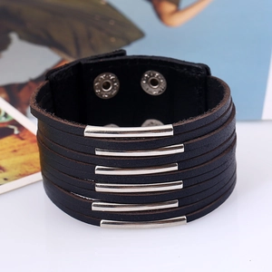 Black multilayer leather punk bracelet with silver metal bars and snap button clasp
