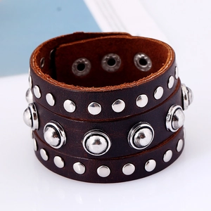 Punk vintage wide brown leather cuff bracelet with silver studs and metal snap closure