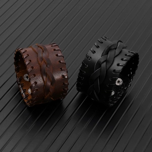 Punk style woven leather bracelet for men featuring vintage brown and black textures
