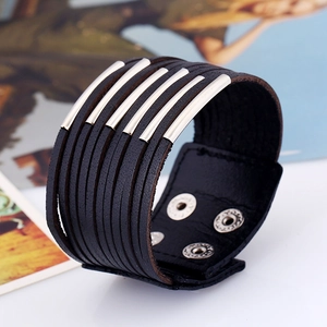 Black multi-layer leather cuff bracelet with five silver metal bars and snap buttons