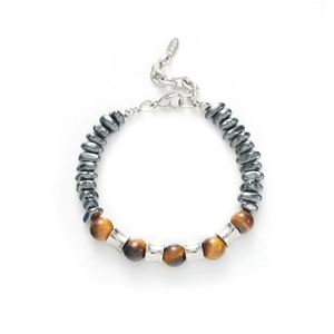 Tiger eye stone beaded bracelet with bamboo style stainless steel clasp and chain
