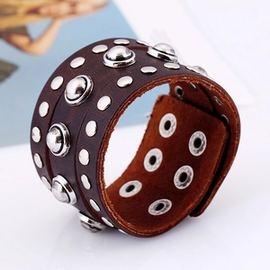 Punk vintage wide brown leather bracelet with silver metal rivets and adjustable buckles