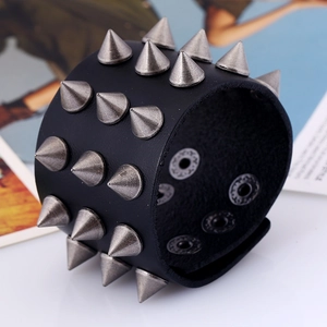 Punk black wide leather bracelet with triple rows of sharp silver metal rivets