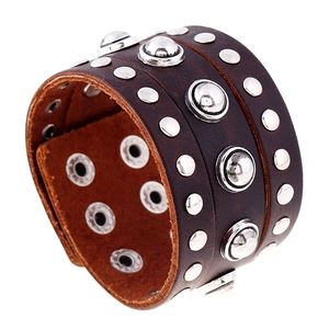 Punk Retro Wide Leather Bracelet For Men Genuine Cowhide Alloy Rivet Adjustable Snap Button Gothic Biker Fashion Wristband
