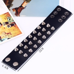 Punk black leather wristband with silver metal rivets and adjustable double buttons