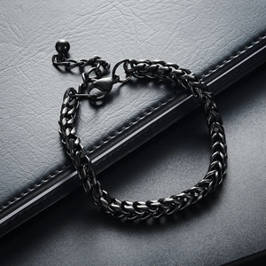 Minimalist black stainless steel woven chain bracelet with adjustable lobster clasp closure