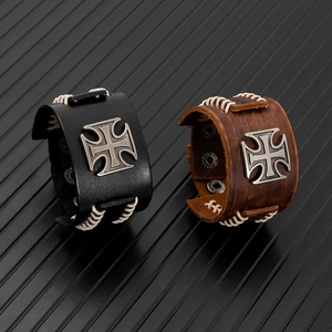 Punk vintage wide leather bracelet with metal cross and adjustable snap button